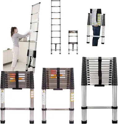 Obrázok produktu pre 3,2 m, teleskopická rebrík, univerzálna rebrík, výsuvná rebrík, skladacia rebrík, protišmykové schody, multifunkčná rebrík, prenosná rebrík (nerezová rebrík)