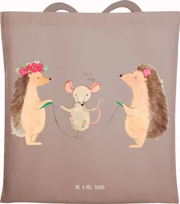 Produktbild von Mr. & Mrs. Panda Tote Bag Igel Seilhüpfen - Braun Pastell - Geschenk, Beutel, Maus, Kinder, dokumententasche, Schultasche, Kindergarten, Tragetasche, Seilspringen