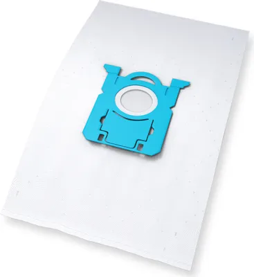 A single vacuum cleaner dust bag with a blue plastic connector is shown against a white background.