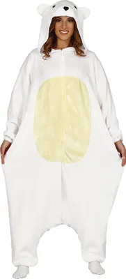 A woman is wearing a white polar bear costume.