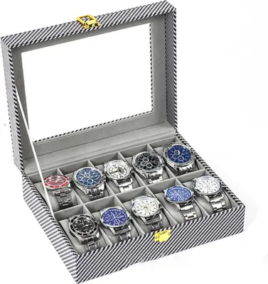Produktbild von INF 10er Uhrenbox aus MDF mit Glasdeckel und Staubschutz für Schmuck und Uhren