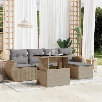 Produktbild von 6-tlg. Garten-Sofagarnitur mit Kissen Beige Poly Rattan, Gartenmöbel-Sets 2024 Neu