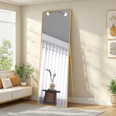 Obrázok produktu pre Zrkadlo na celé telo, 150 × 40 cm, stojace zrkadlo, zlatá farba, obdĺžnikový hliníkový rám, tvrdené sklo. Moderné zrkadlo vhodné do spálne, chodby alebo obývačky