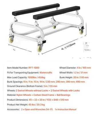 Immagine prodotto di Carrello per imbarcazioni, capacità di carico 590 kg, design regolabile, portata 1000 lbs