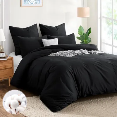 Produktbild von Bettwäsche-Set 200x220 cm Baumwolle Schwarz 3-teilig mit 2 Kissenbezügen 80x80 cm mit Reißverschluss