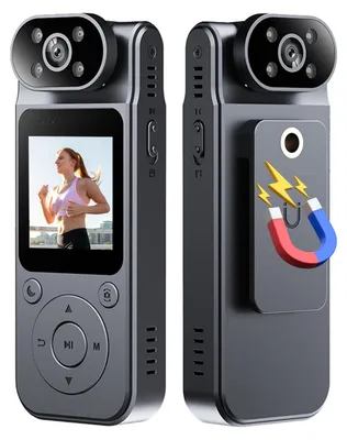 A collage of two views of a small, portable camera, one showing the screen displaying a woman running, and the other showing the back with a magnetic clip and a graphic of a magnet.