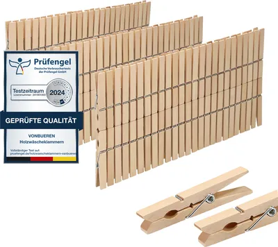 Zdjęcie produktu dla VonBueren 150 szt. dużych drewnianych spinaczy do bielizny | Drewniane spinacze wykonane z ekologicznego, nieimpregnowanego drewna brzozowego | Drewniane spinacze do bielizny nadają się również do prac rękodzielniczych