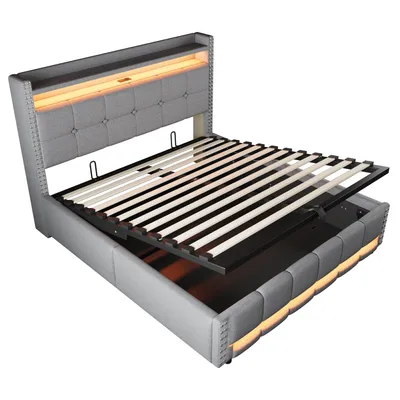 Produktbild von okwish Polsterbett（160x200 cm）Erwachsenenbett， Doppelbett，Multifunktionsbett，Jugendbett，Stauraumbett，Mit Hydraulischem Speichersystem&LED-Beleuchtung，Hellgrau