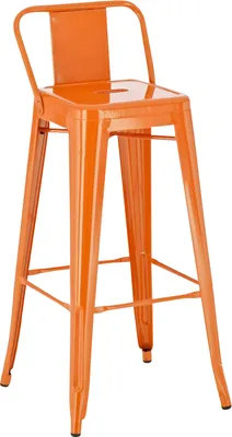 An orange bar stool with a backrest and footrest is shown against a white background.
