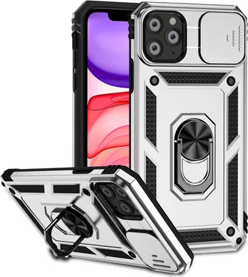 Produktbild von iPhone 11 Pro Max Hülle mit Schiebe Kamera Schutz und Ringhalter Ständer Robust Rüstung Schutzhülle für iPhone 11 Pro Max Silber