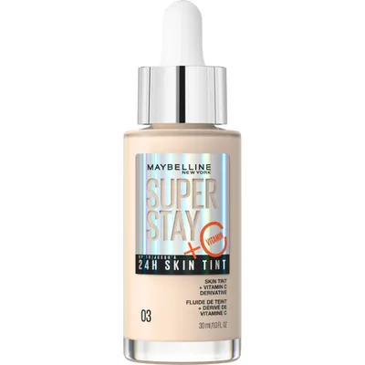 A product shot of a Maybelline Super Stay 24H Skin Tint bottle.