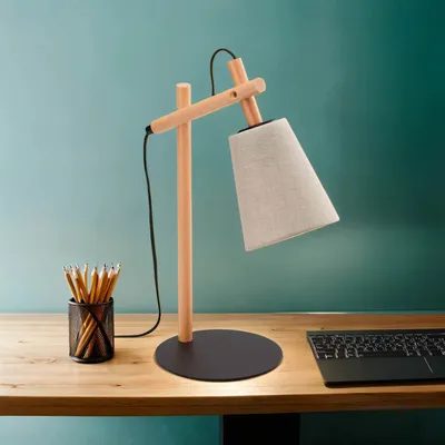 Produktbild von Tischleuchte Skandinavisch Holz Stoff E27 Natur Grau-Beige 46 cm hoch Schreibtischlampe Nachttischlampe
