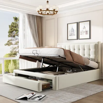 A bedroom scene with a bed that has its storage compartment open, revealing drawers and a mattress lift mechanism.