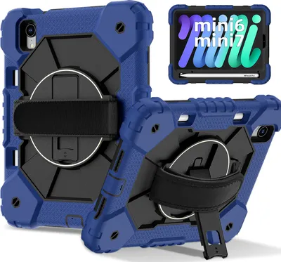 Produktbild von Hülle für iPad mini 2024/iPad mini 2021 Tablette Schutzhülle Stoßfeste mit 360 Drehbarer Handschlaufe/Ständer Navy Schwarz