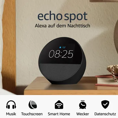 Produktbild von Amazon Echo Spot, Amazon Alexa, Sphärisch, Schwarz, 7,19 cm (2.83"), 320 x 240 Pixel, MediaTek