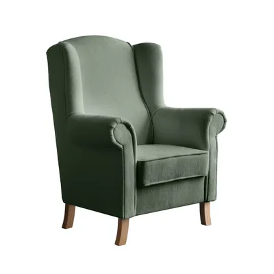 Image de Fauteuil à oreilles LEONARDO Fauteuil relax pour salon, fauteuil rembourré, Bouckle vert, pieds en bois hêtre