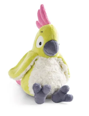 A plush toy parrot sitting on a white background.