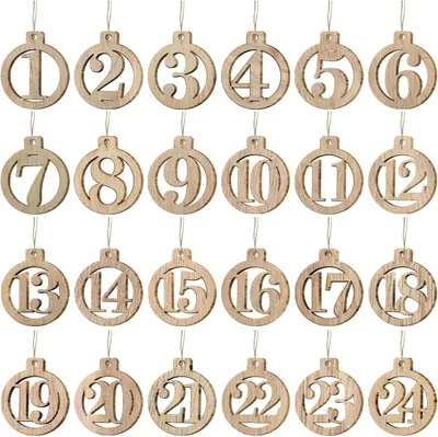 Produktbild von Adventskalender mit Zahlen von 1 bis 24 – Holz – Countdown – Bastelbedarf – Geschenkanhänger – Weihnachtsdekoration