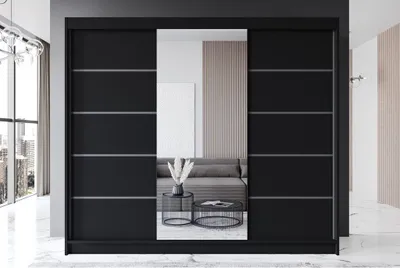 Produktbild von Easy4You R6 250 cm Schwarz Schiebetüren Kleiderschrank 250x215x58 cm mit Spiegel - Schlafzimmermöbel, Aufbewahrung - Mehrzweckschrank