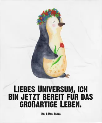 Produktbild von Mr. & Mrs. Panda Schlummerdecke Pinguin Blumen - Weiß - Geschenk, Universum, Plaid, Babydecke, Motivation, Kinderwagendecke, Erstlingsdecke, Fleecedecke, Wünsche, Positiv