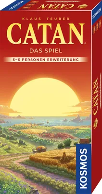 The image shows the front and side of a Catan board game expansion box, featuring a landscape illustration with a large sun.