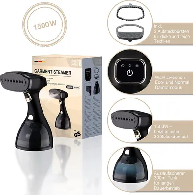 Produktbild von LEBENLANG Steamer Dampfglätter ( 1500W, 300ml, Quick & Go Automatik ) LCD Hand Dampfbürste Dampfglätter Kleidung & Hemden bügeln - Dampfbügler Reise Bügeleisen Dampf Bügel - Steam Iron Bügelmaschine… Schwarz