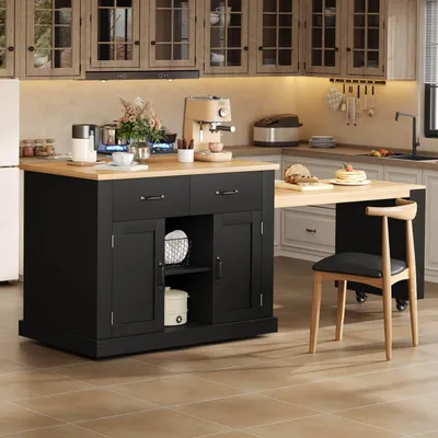 Immagine prodotto di Isola da cucina Flieks con tavolo da pranzo allungabile, carrello da cucina con ripiani portaoggetti, ripiani regolabili, carrello di servizio 132-235 x 60 x 93 cm, nero