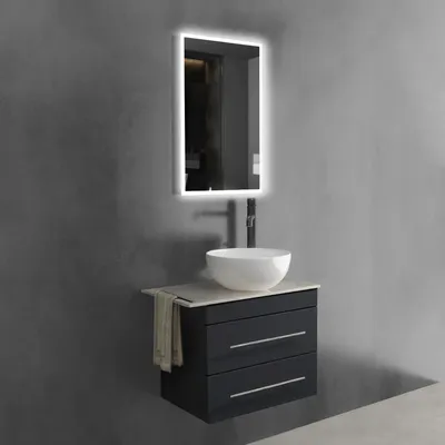Produktbild von Alpenberger Badmöbel Set mit Spiegel 60 cm | Gäste WC Waschbecken mit Unterschrank und Keramik Aufsatzwaschbecken | Keramikplatte