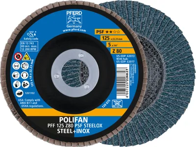 Produktbild von PFERD TOOLS POLIFAN Fächerscheibe PFF 125x22,23 mm flach Z80 Universallinie PSF STEELOX Stahl/Edelstahl