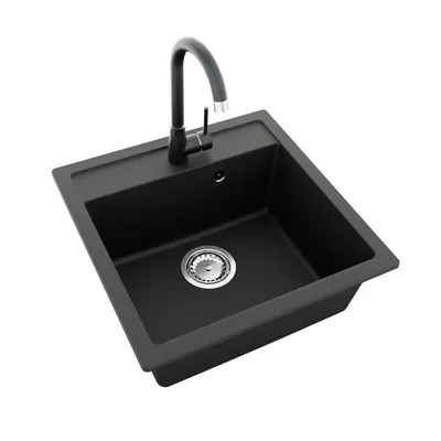 Produktbild von GRANMASTER Horizon Granitspüle mit Wasserhahn 1 Becken mit Siphon, Spüle Arbeitsplatte Küchenspüle mit Wasserhahn, 49 x 49 x 20,3 cm Spüle aus Granit