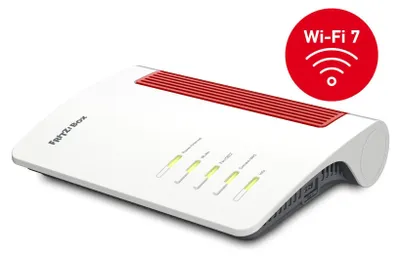 A white and red FRITZ!Box router is shown on a white background with a red circle overlay indicating "Wi-Fi 7".