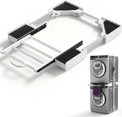 Image de Support pour machine à laver avec étagère de séchage - Étagère de rangement autoportante - Hauteur réglable - Crochets de fixation - À une étagère - Structure en acier - Acier inoxydable - Pour salle de bain - Blanc
