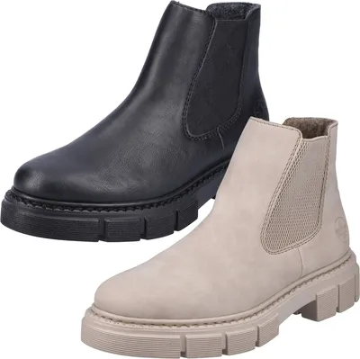 Two Chelsea boots, one black and one beige, are shown against a white background.
