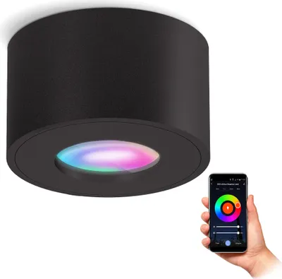 Produktbild von SSC-LUXon CELI-1 Aufbaustrahler schwarz Feuchtraum IP44 mit Smart RGB+W LED Lampe - Deckenspot kompatibel mit Alexa, Siri & Google