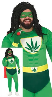 Productafbeelding van Superhelden kostuum, avontuurfiguur, Rastafari stijl, met marihuana motief, geschikt voor een vrijgezellenfeest. Inclusief masker en handschoenen. Maat: 56 - 58 (XXL). Kleur: Groen
