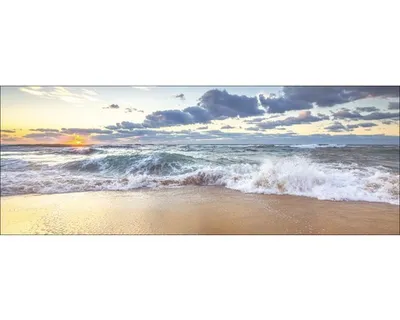 Produktbild von Glasbild Waves I: Strandlandschaft Sonnenuntergang im Querformat, 80x30 cm