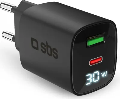 A black USB charger with a digital display.