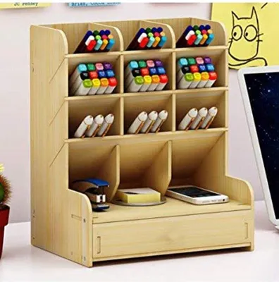 Produktbild von Schreibtisch-Organizer Holz mit 9 Fächern und Schublade 26x16x27 cm Ahornoptik