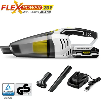 A collage featuring a cordless vacuum cleaner, its accessories, and a charger, with prominent branding and certification logos.