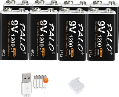 Produktbild von <PALO 9V wiederaufladbare Li-Ionen-Batterie, 1200mAh Kapazität, erhältlich in 8-16 Stück , 8 Stück Batterie