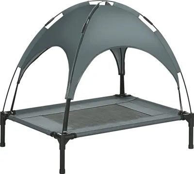A gray elevated dog bed with a canopy, shown against a white background.