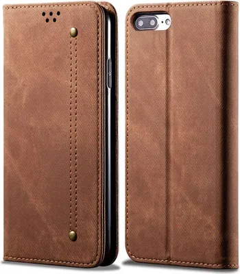 Produktbild von iPhone 8 Plus Hülle, LaimTop Denim Leder Brieftasche Magnetverschluss Flip Bookstyle Schutzhülle mit Standfunktion für iPhone 6 Plus / 6s Plus / 7 Plus / 8 Plus Braun