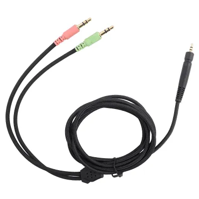 A gaming headset cable with two 3.5mm jacks on one end and a single 3.5mm jack on the other.