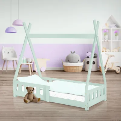 Produktbild von ML-Design Kinderbett Tipi 70x140 cm mit Rausfallschutz und Lattenrost, Minzegrün, aus Kiefernholz, Hausbett mit Zaun, Bodenbett, Holzbett