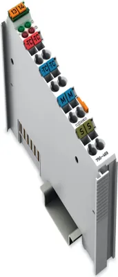 A close-up, angled view of a modular electronic component, likely an input module for industrial automation, mounted on a DIN rail.