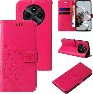 A collage of images showing a pink floral butterfly flip phone case for a Xiaomi Redmi 14C.