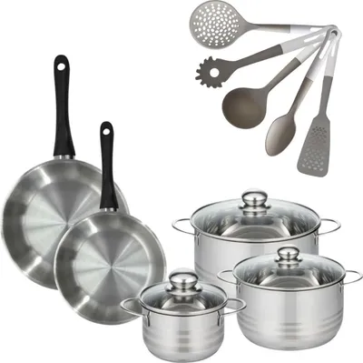Image de Batterie de cuisine avec 3 faitouts 16/20/24 cm et 2 poêles 24/28 cm et 5 ustensiles de cuisine Fackelmann Généva Brillant Vario
