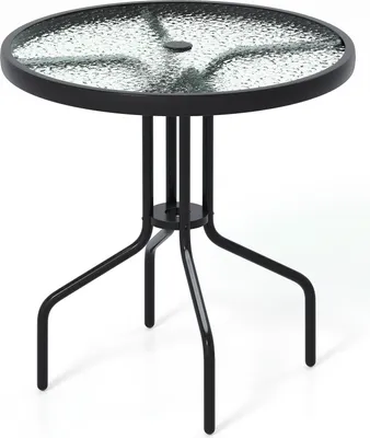 Produktbild von GOPLUS Beistelltisch rund, Ø70cm Gartentisch Metall mit Glasplatt & 4cm Schirmloch, Balkontisch klein wetterfest, Schwarz