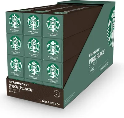A display box of Starbucks Pike Place Roast Lungo coffee capsules for Nespresso.