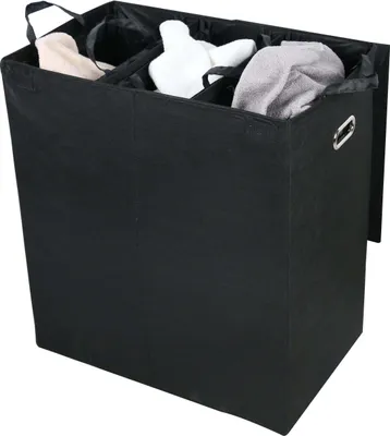 A black, three-compartment laundry basket filled with laundry items.